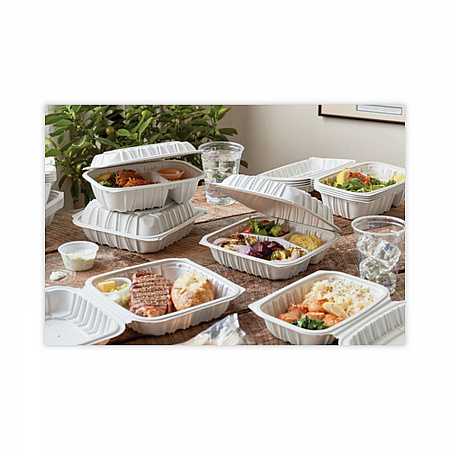 EarthChoice Vented Microwavable MFPP Hinged Lid Container, 8.4 x 8.7 x 3.1, White, Plastic, 146/Carton (YCNW0851)