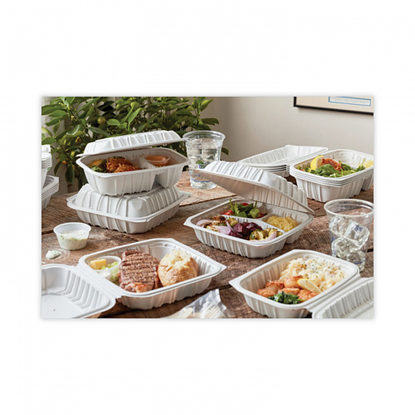 EarthChoice Vented Microwavable MFPP Hinged Lid Container, 8.4 x 8.7 x 3.1, White, Plastic, 146/Carton (YCNW0851)
