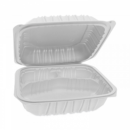 EarthChoice Vented Microwavable MFPP Hinged Lid Container, 3 Compartments, 8.4 x 8.7 x 3.1, White, Plastic, 146/Carton (YCNW0853)