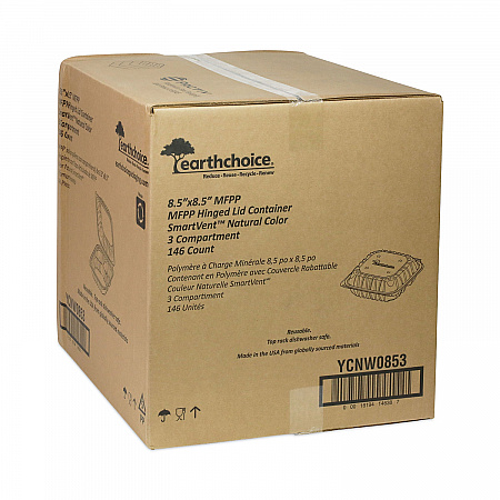 EarthChoice Vented Microwavable MFPP Hinged Lid Container, 3 Compartments, 8.4 x 8.7 x 3.1, White, Plastic, 146/Carton (YCNW0853)
