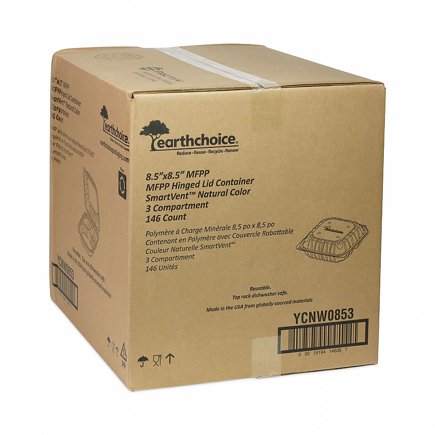 EarthChoice Vented Microwavable MFPP Hinged Lid Container, 3 Compartments, 8.4 x 8.7 x 3.1, White, Plastic, 146/Carton (YCNW0853)