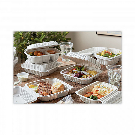 EarthChoice Vented Microwavable MFPP Hinged Lid Container, 3 Compartments, 8.4 x 8.7 x 3.1, White, Plastic, 146/Carton (YCNW0853)