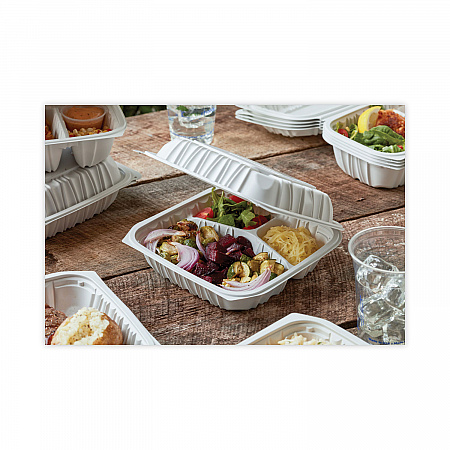 EarthChoice Vented Microwavable MFPP Hinged Lid Container, 3 Compartments, 8.4 x 8.7 x 3.1, White, Plastic, 146/Carton (YCNW0853)