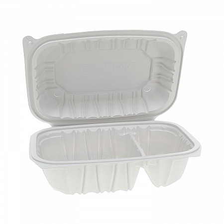 EarthChoice Vented Microwavable MFPP Hinged Lid Container, 2 Compartments, 9 x 6 x 3.1, White, Plastic, 170/Carton (YCNW02052)