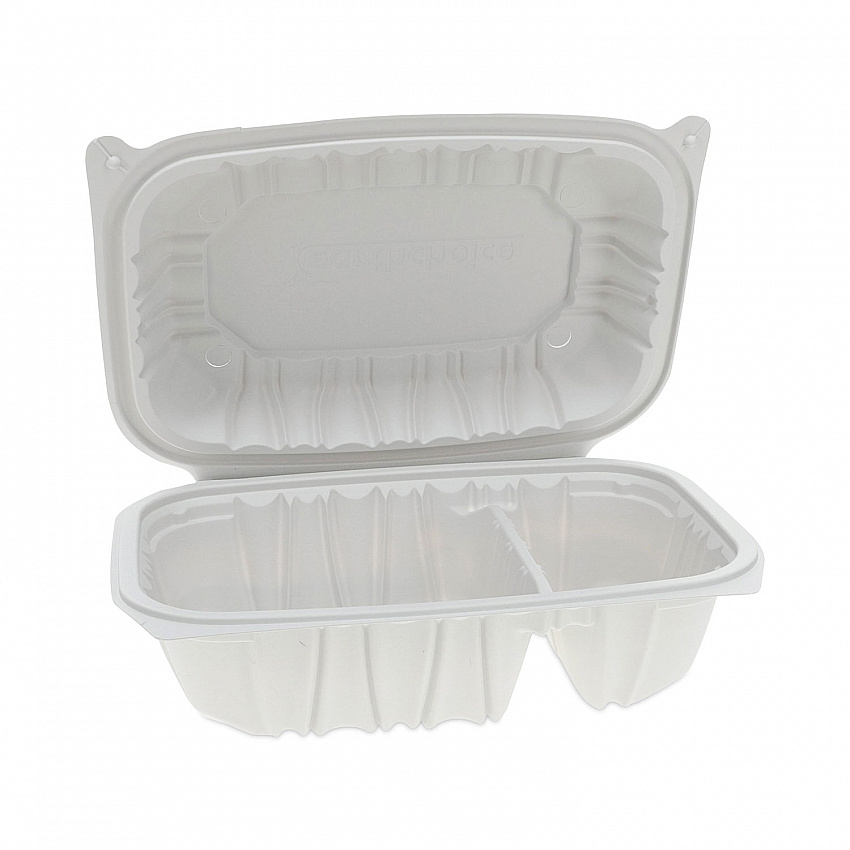 EarthChoice Vented Microwavable MFPP Hinged Lid Container, 2 Compartments, 9 x 6 x 3.1, White, Plastic, 170/Carton (YCNW02052)