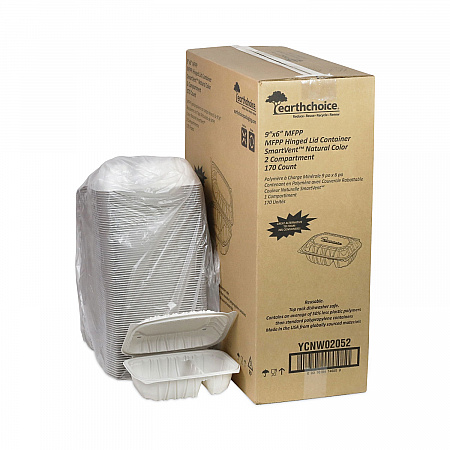 EarthChoice Vented Microwavable MFPP Hinged Lid Container, 2 Compartments, 9 x 6 x 3.1, White, Plastic, 170/Carton (YCNW02052)
