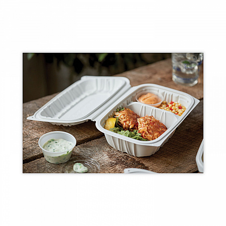 EarthChoice Vented Microwavable MFPP Hinged Lid Container, 2 Compartments, 9 x 6 x 3.1, White, Plastic, 170/Carton (YCNW02052)