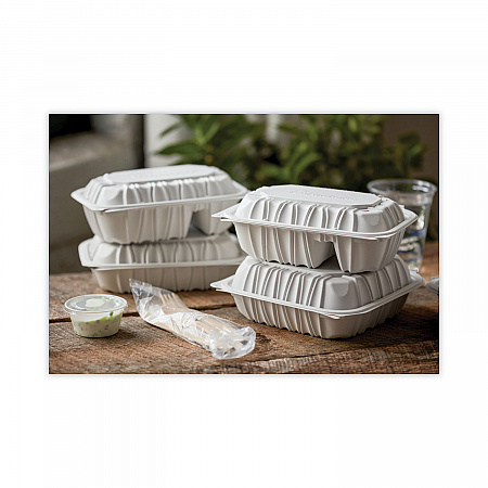 EarthChoice Vented Microwavable MFPP Hinged Lid Container, 2 Compartments, 9 x 6 x 3.1, White, Plastic, 170/Carton (YCNW02052)