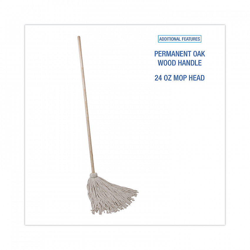 Handle/Deck Mops, #24 White Cotton Head, 54" Natural Wood Handle, 6/Pack (124C)