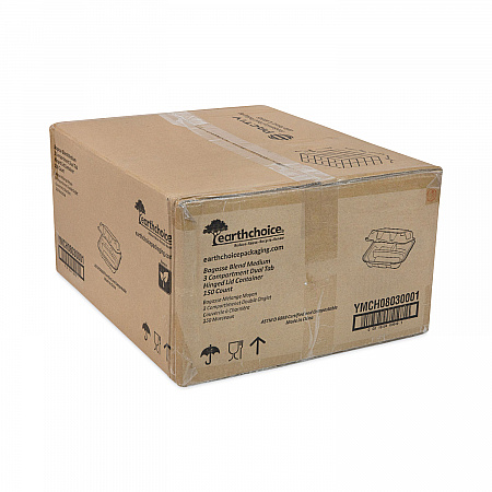 EarthChoice Bagasse Hinged Lid Container, 3 Compartments, Dual Tab Lock, 7.8 x 7.8 x 2.8, Natural, Sugarcane, 150/Carton (YMCH08030001)