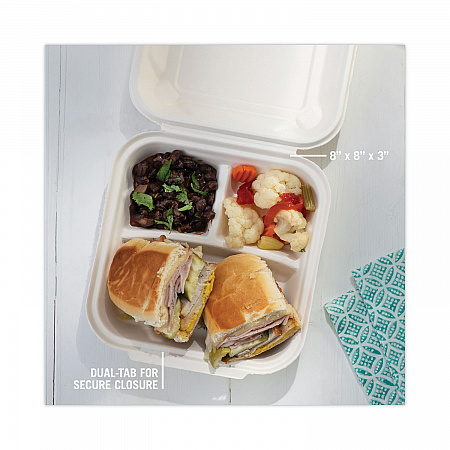 EarthChoice Bagasse Hinged Lid Container, 3 Compartments, Dual Tab Lock, 7.8 x 7.8 x 2.8, Natural, Sugarcane, 150/Carton (YMCH08030001)