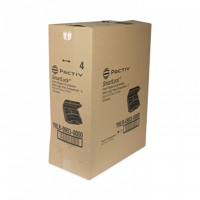 SmartLock Foam Hinged Lid Container, Large, 3 Compartments, 9 x 9.5 x 3.3, Black, 150/Carton (YHLB09030000)