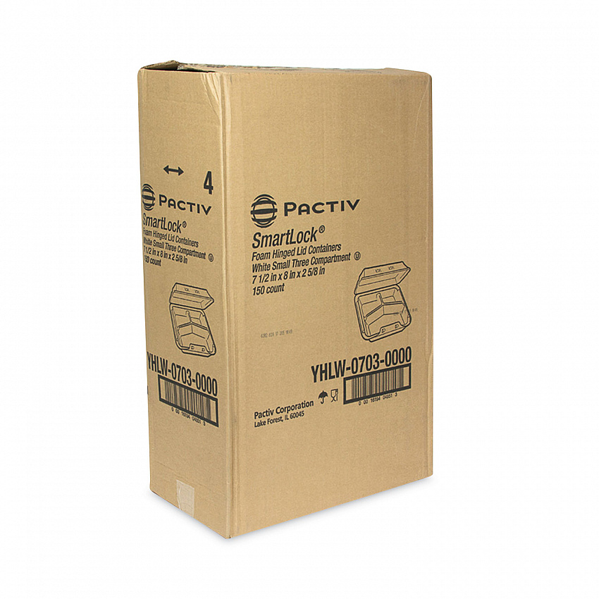 SmartLock Foam Hinged Lid Container, Small, 3 Compartments, 7.5 x 8 x 2.63, White, 150/Carton (YHLW07030000)