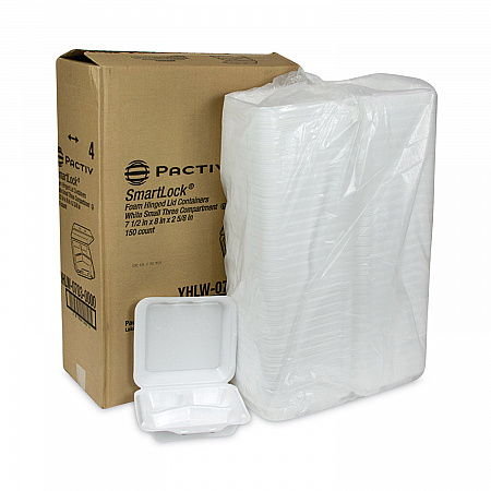 SmartLock Foam Hinged Lid Container, Small, 3 Compartments, 7.5 x 8 x 2.63, White, 150/Carton (YHLW07030000)