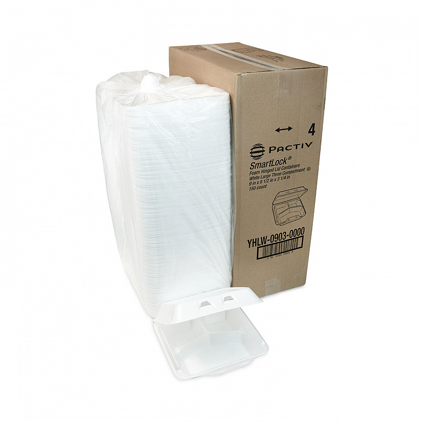 SmartLock Foam Hinged Lid Container, Large, 3 Compartments, 9 x 9.25 x 3.25, White, 150/Carton (YHLW09030000)
