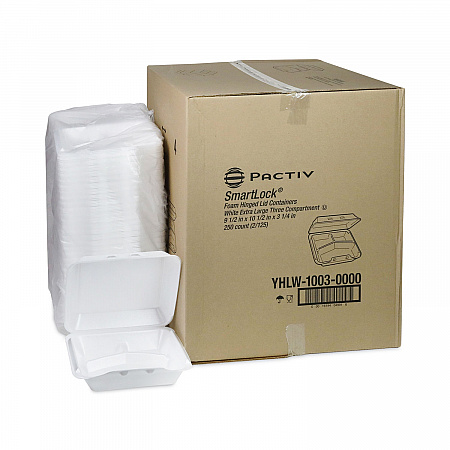 SmartLock Foam Hinged Lid Container, X-Large, 3 Compartments, 9.5 x 10.5 x 3.3, White, 250/Carton (YHLW10030000)