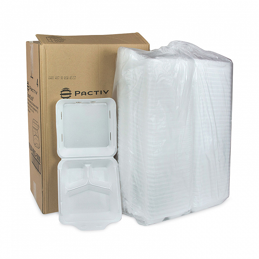 SmartLock Vented Foam Hinged Lid Container, 3 Compartments, 9 x 9.3 x 3.3, White, 150/Carton (YHLWV9030000)