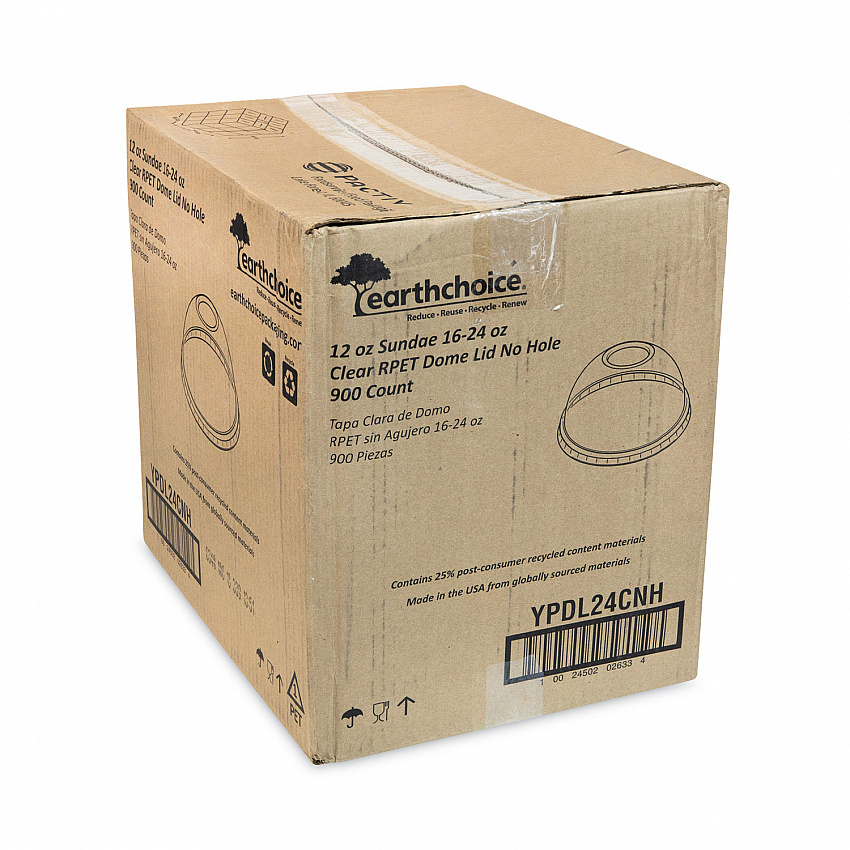 EarthChoice Strawless RPET Lid, Dome Lid, Fits 12 oz to 24 oz "B" Cups, Plastic, Clear, 1,020/Carton (YPDL24CNH)