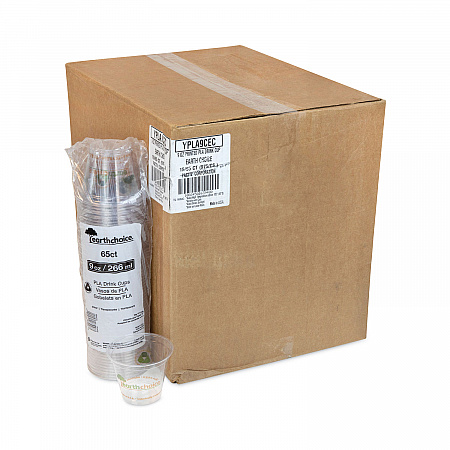 EarthChoice Compostable Cold Cup, 9 oz, Plastic, Clear/Printed, 975/Carton (YPLA9CEC)