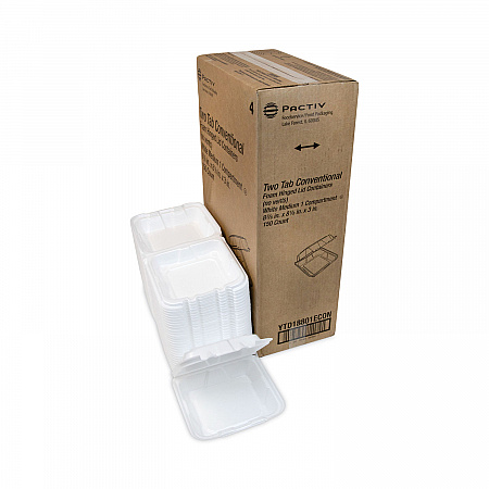 Vented Foam Hinged Lid Container, Dual Tab Lock Economy, 8.4 x 8 x 3, White, 150/Carton (YTD18801ECON)
