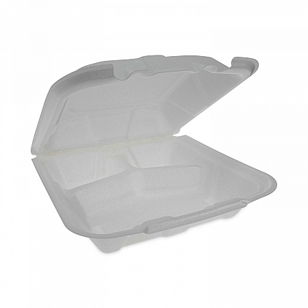 Vented Foam Hinged Lid Container, Dual Tab Lock Economy, 3 Compartments, 9.1 x 9 x 3.3, White, 150/Carton (YTD19903ECON)