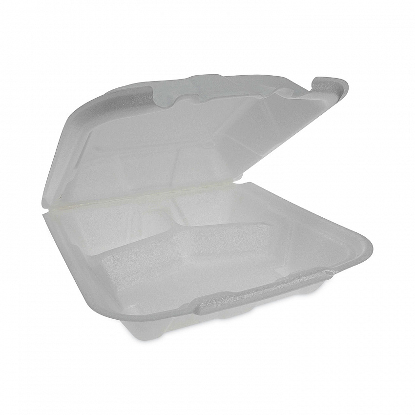 Vented Foam Hinged Lid Container, Dual Tab Lock Economy, 3 Compartments, 9.1 x 9 x 3.3, White, 150/Carton (YTD19903ECON)