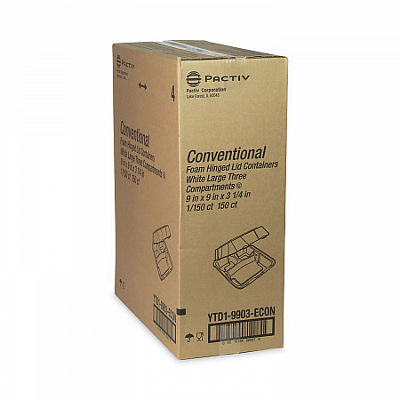Vented Foam Hinged Lid Container, Dual Tab Lock Economy, 3 Compartments, 9.1 x 9 x 3.3, White, 150/Carton (YTD19903ECON)