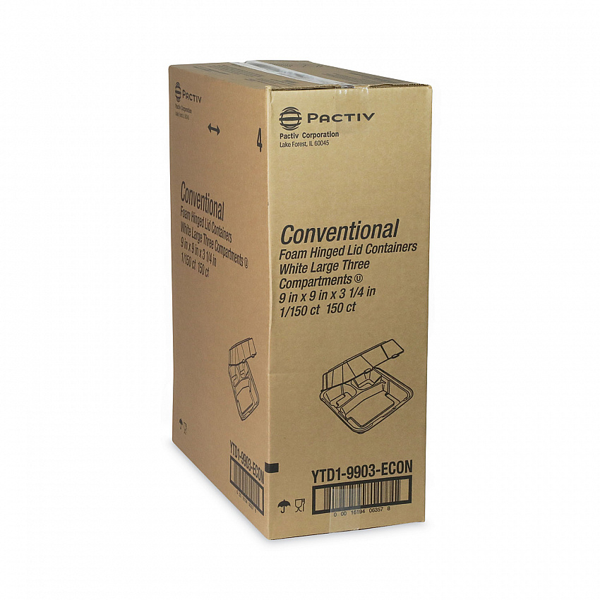 Vented Foam Hinged Lid Container, Dual Tab Lock Economy, 3 Compartments, 9.1 x 9 x 3.3, White, 150/Carton (YTD19903ECON)