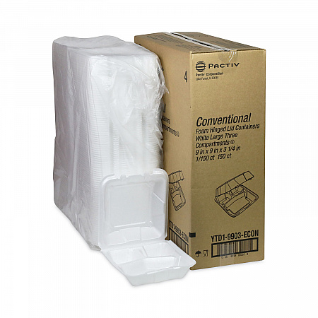 Vented Foam Hinged Lid Container, Dual Tab Lock Economy, 3 Compartments, 9.1 x 9 x 3.3, White, 150/Carton (YTD19903ECON)