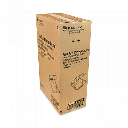 Vented Foam Hinged Lid Container, Dual Tab Lock, 8.4 x 8 x 3, White, 150/Carton (YTD188010000)