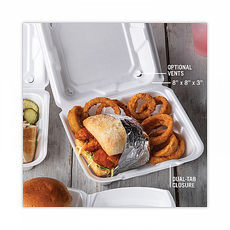 Vented Foam Hinged Lid Container, Dual Tab Lock, 8.4 x 8 x 3, White, 150/Carton (YTD188010000)