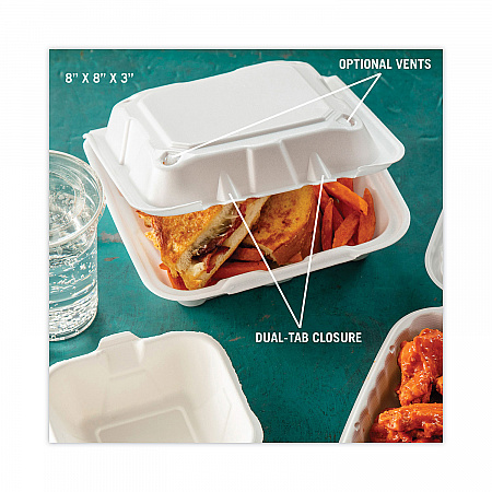 Vented Foam Hinged Lid Container, Dual Tab Lock, 8.4 x 8 x 3, White, 150/Carton (YTD188010000)