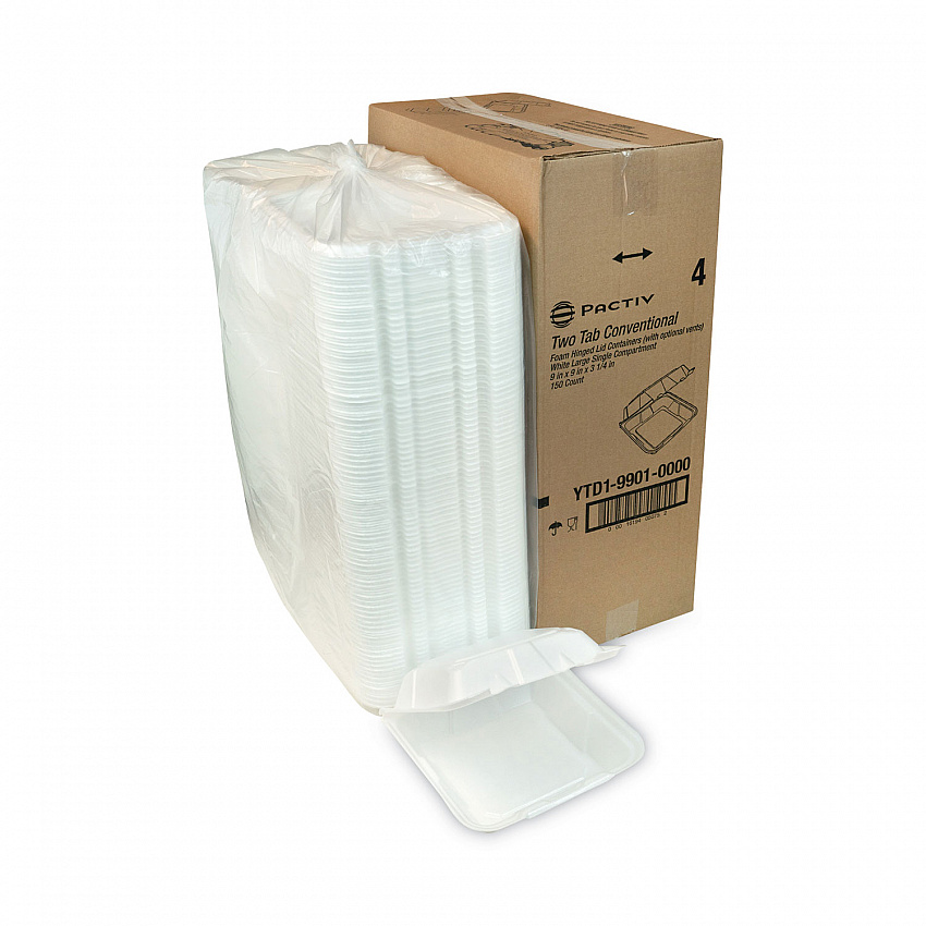 Vented Foam Hinged Lid Container, Dual Tab Lock, 9.13 x 9 x 3.25, White, 150/Carton (YTD199010000)