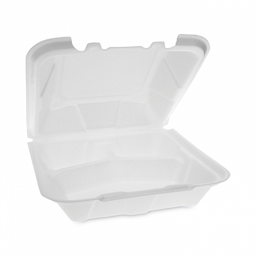 Vented Foam Hinged Lid Container, Dual Tab Lock, 3 Compartments, 9.1 x 9 x 3.3, White, 150/Carton (YTD199030000)