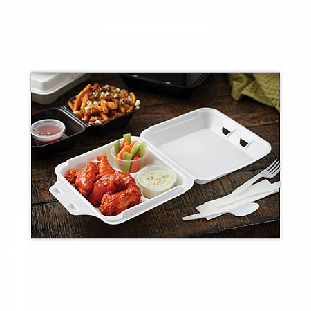 Vented Foam Hinged Lid Container, Dual Tab Lock, 3 Compartments, 9.1 x 9 x 3.3, White, 150/Carton (YTD199030000)