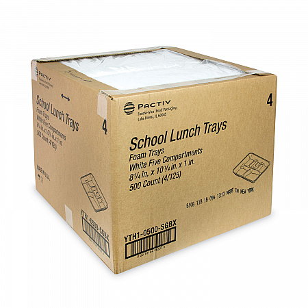 Foam School Trays, 5-Compartment Tray, 8.25 x 10.5 x 1, White, 500/Carton (YTH10500SGBX)
