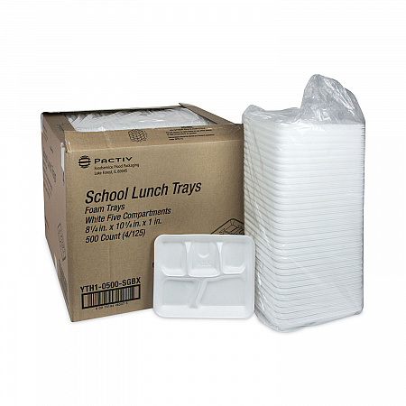 Foam School Trays, 5-Compartment Tray, 8.25 x 10.5 x 1, White, 500/Carton (YTH10500SGBX)