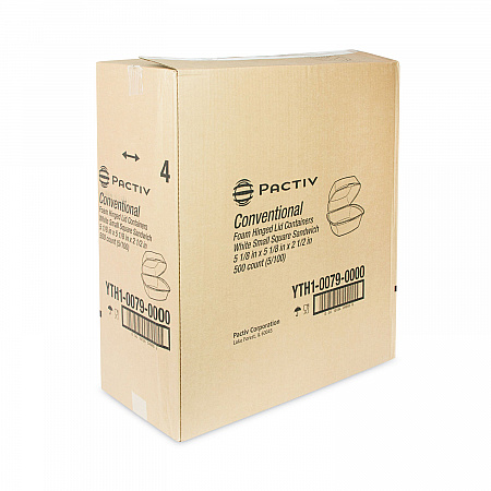 Foam Hinged Lid Container, Single Tab Lock, 5 x 5 x 2.5, White, 500/Carton (YTH100790000)
