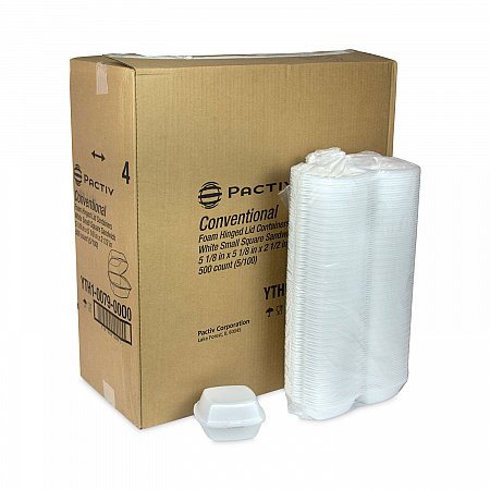 Foam Hinged Lid Container, Single Tab Lock, 5 x 5 x 2.5, White, 500/Carton (YTH100790000)