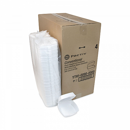 Foam Hinged Lid Container, Single Tab Lock, 6 x 6 x 3, White, 500/Carton (YTH100800000)