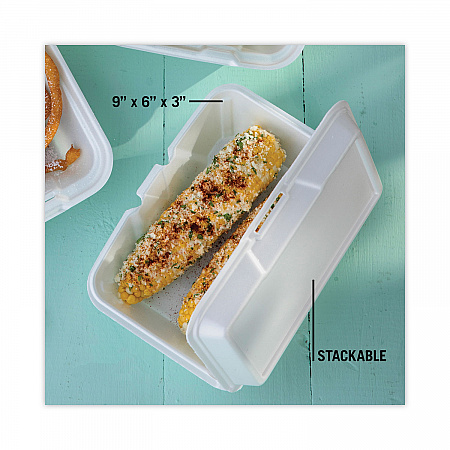 Foam Hinged Lid Container, Single Tab Lock #205 Utility, 9.2 x 6.5 x 2.8, White, 150/Carton (YTH102050001)