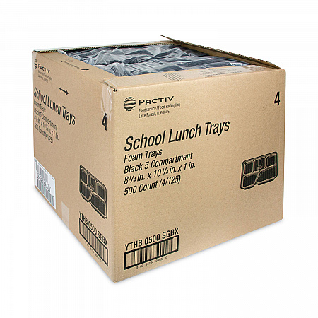 Foam School Trays, 5-Compartment Tray, 8.25 x 10.25 x 1, Black, 500/Carton (YTHB0500SGBX)