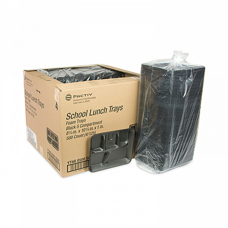 Foam School Trays, 5-Compartment Tray, 8.25 x 10.25 x 1, Black, 500/Carton (YTHB0500SGBX)