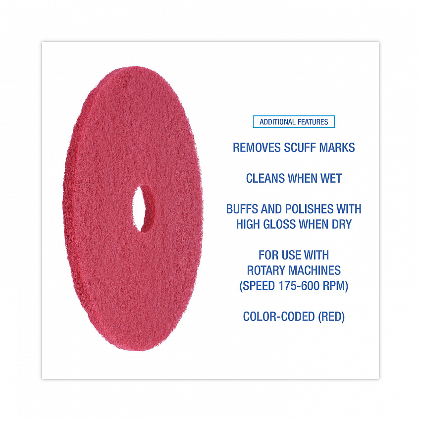 Buffing Floor Pads, 19" Diameter, Red, 5/Carton (4019RED)