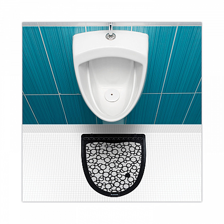 Disposable Urinal Floor Mat 2.0, Shield-Shaped, Black/White Slip-Resistant Surface, 17.5