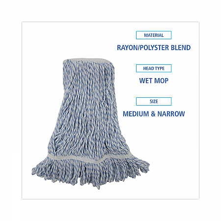Floor Finish Mop Head, Narrow, Rayon/Polyester, Medium, White/Blue Stripes, 12/Carton (542CT)