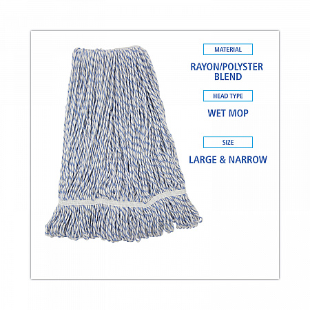 Floor Finish Mop Head, Narrow, Rayon/Polyester, Large, White/Blue Stripes, 12/Carton (543CT)