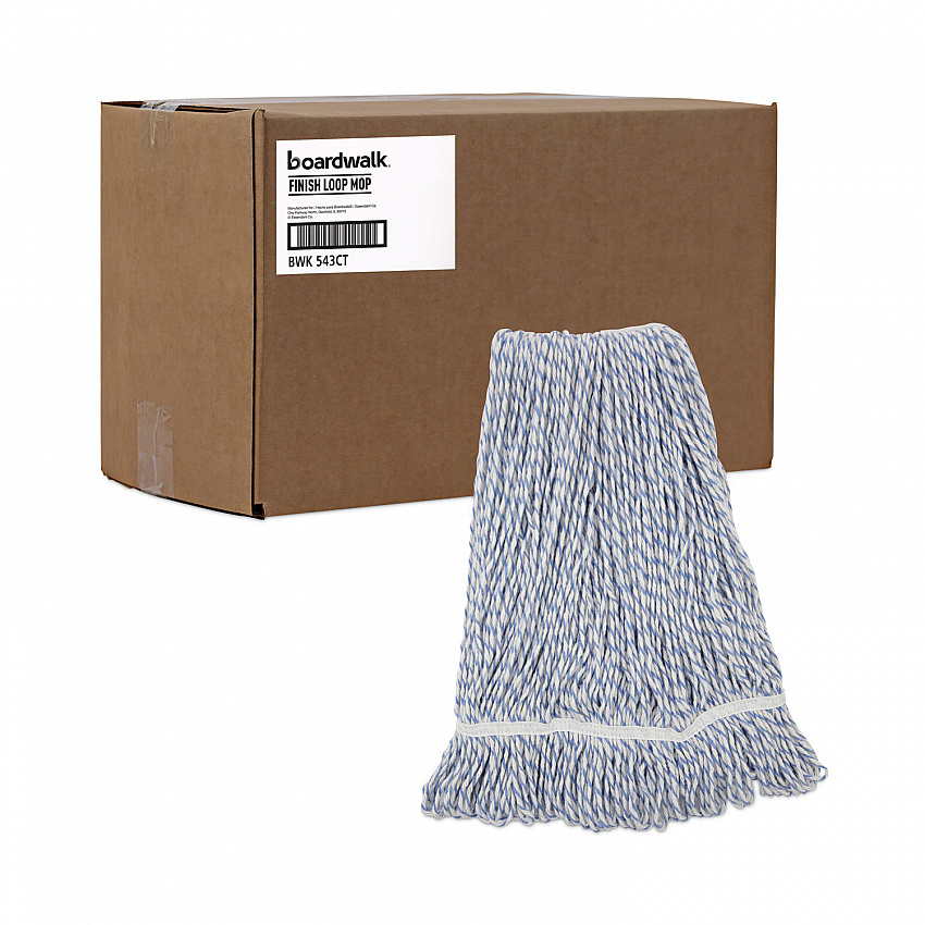 Floor Finish Mop Head, Narrow, Rayon/Polyester, Large, White/Blue Stripes, 12/Carton (543CT)