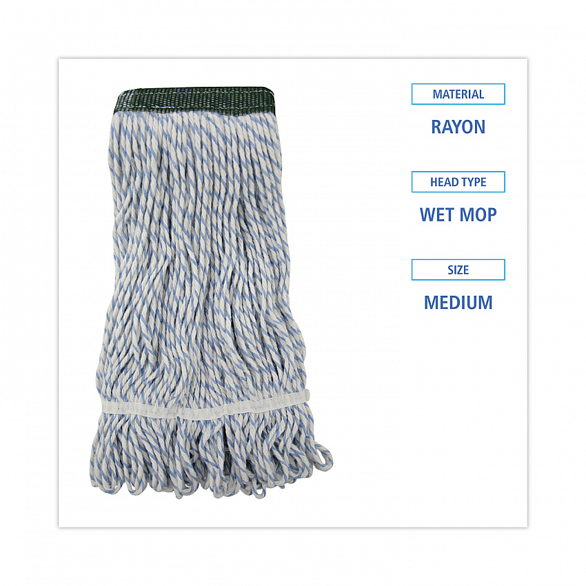 Floor Finish Mop Head, Wide, Rayon/Polyester, Medium, White/Blue Stripes, 12/Carton (552)
