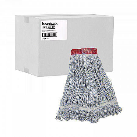 Floor Finish Mop Head, Wide, Rayon/Polyester, Large, White/Blue Stripes, 12/Carton (553)